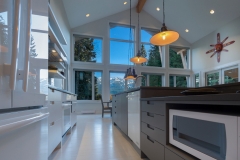 Whistler-Contemporary-modern- industrial kitchen-open concept-white gray-vaulted ceiling-white glass appliances
